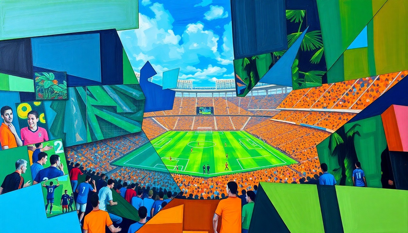 A cubist, geometric painting depicting a soccer match or celebration in a vibrant, tropical color palette, with the scene fractured into overlapping planes and perspectives.
