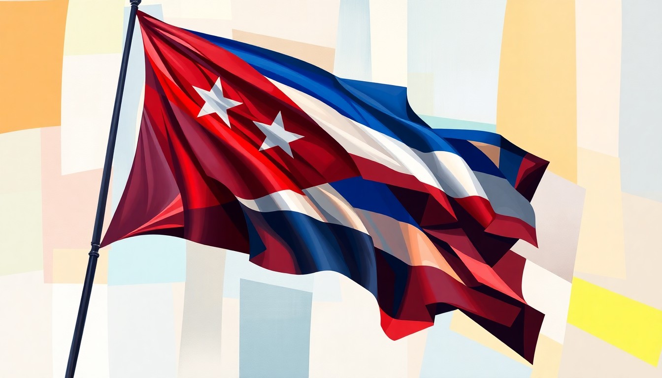 A fractured, abstract painting of a Cuban flag waving in the wind, with the colors distorted and repeated in an avant-garde, high-energy style that captures the political turmoil surrounding the island nation.