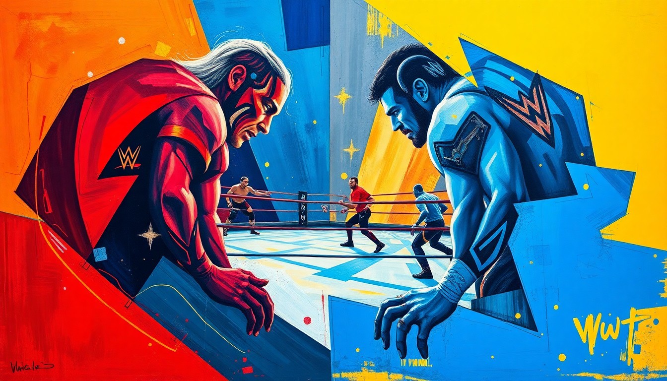 A fragmented, geometric painting depicting a wrestling match, with sharp planes of color and overlapping perspectives conveying the intensity of the upcoming WrestleMania event.