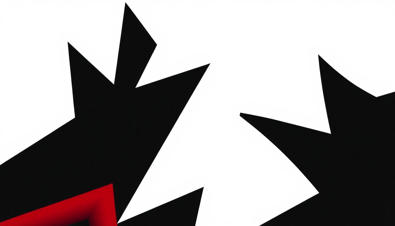 An abstract, minimalist illustration composed of sharp, angular black shapes against a stark white background, with a single bold red accent, conceptually representing the premium movie theater technologies coming to the Harkins Norterra location.