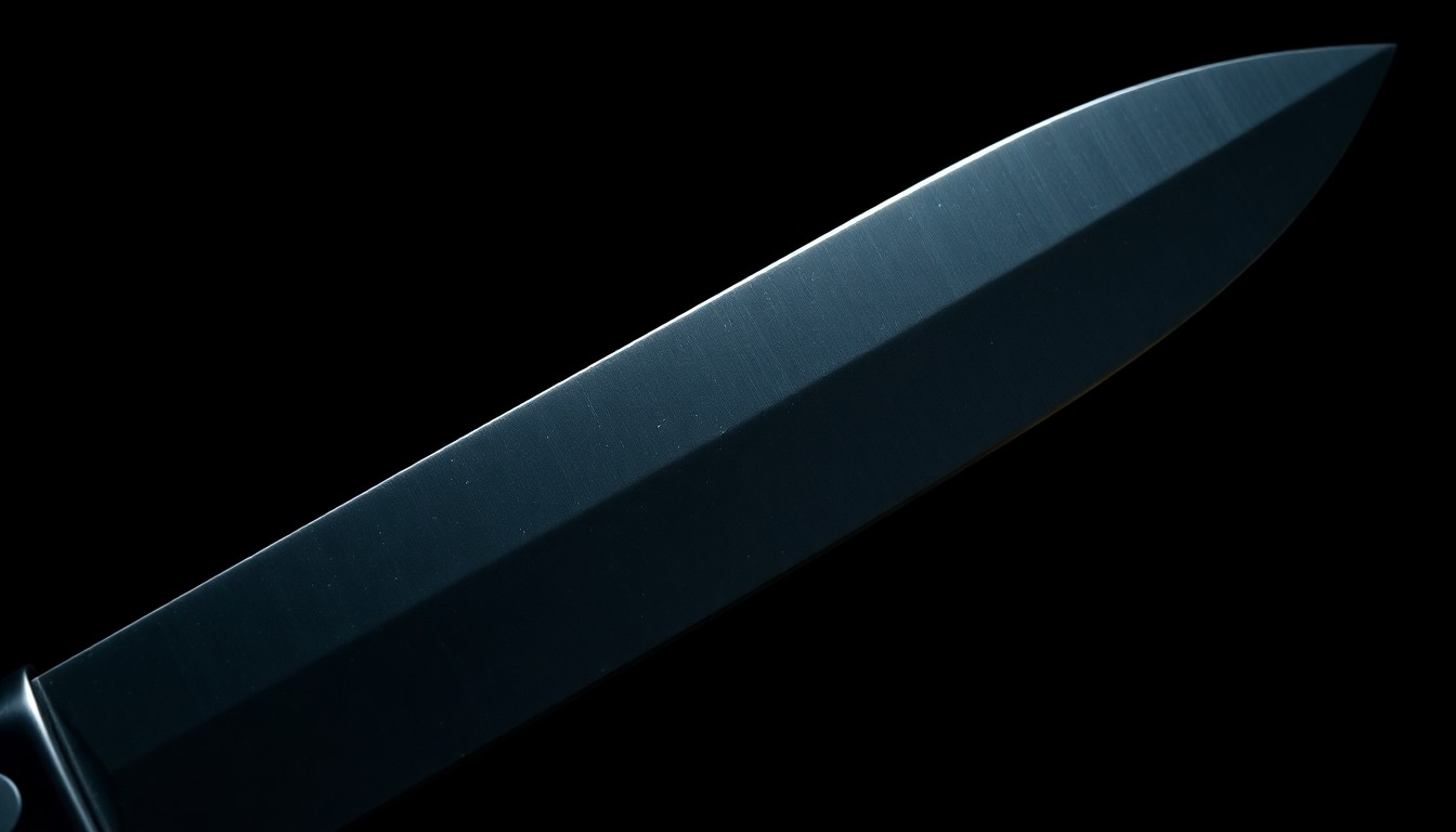 An extreme close-up photograph of a serrated knife blade, capturing the harsh, gritty texture and dramatic lighting to conceptually illustrate the violence of this crime.
