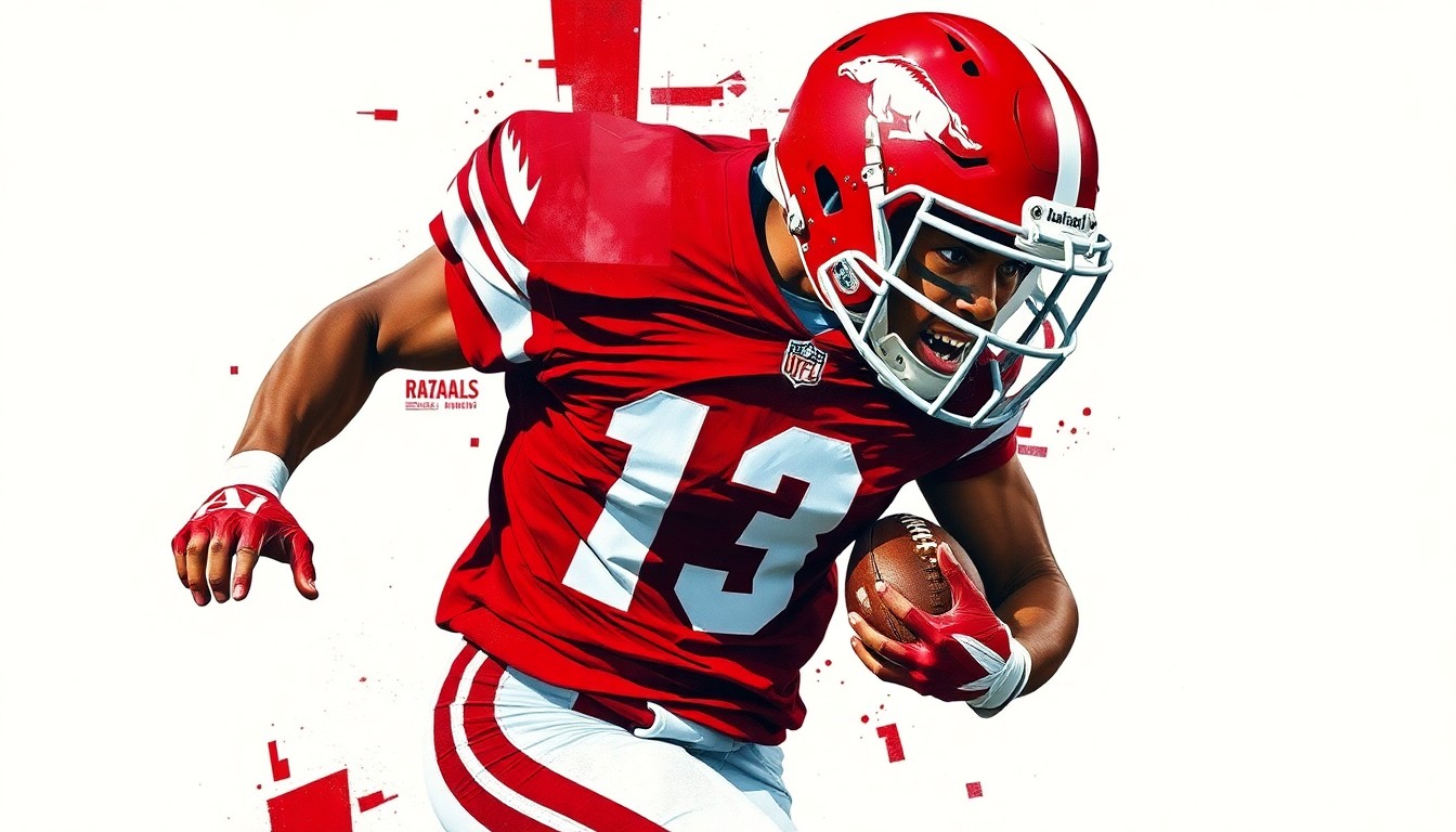 A fragmented, cubist-style painting depicting an anonymous college football player in mid-motion, their jersey number partially visible but face obscured, rendered in the official red and white colors of the Arkansas Razorbacks.