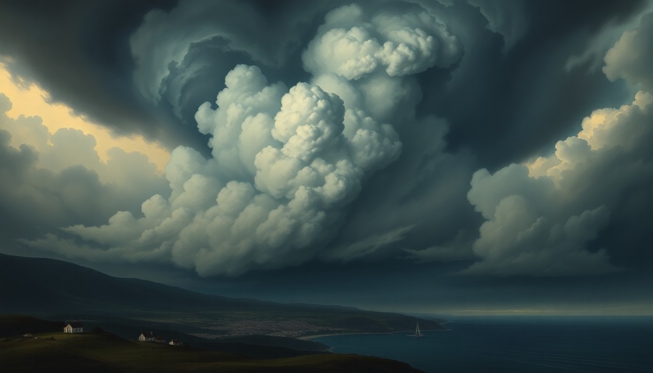 A dramatic, atmospheric landscape painting depicting a massive, ominous thundercloud formation looming over a small coastal town, conveying the overwhelming power and scale of the severe storm system.