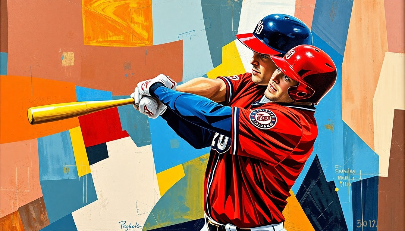 A fractured, geometric painting depicting a baseball player's batting motion, with sharp planes of red, blue, and gold colors representing the Nationals' uniform.