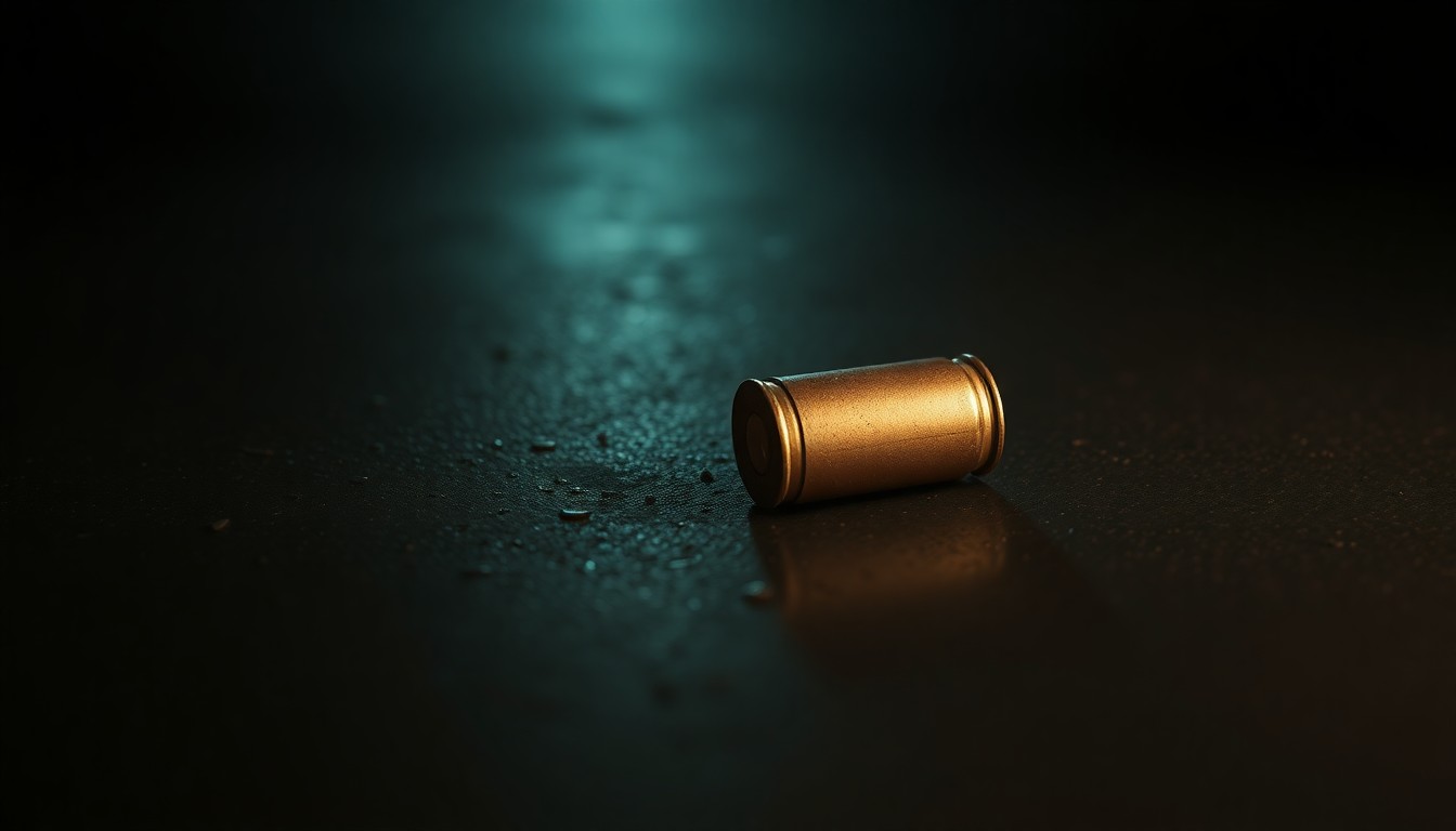 An extreme close-up photograph of a single spent bullet casing on a dark, textured surface, lit by a harsh, direct camera flash, conceptually illustrating the forensic investigation of a violent crime.