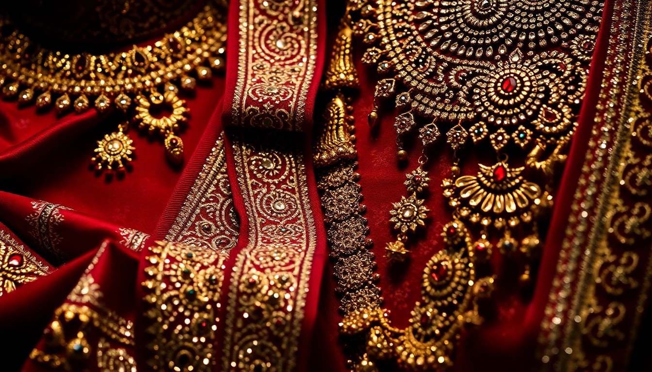 An extreme close-up photograph of shimmering, jewel-toned Indian fabrics and metalwork, highlighting the luxurious, glamorous aesthetic of South Asian cultural performances.