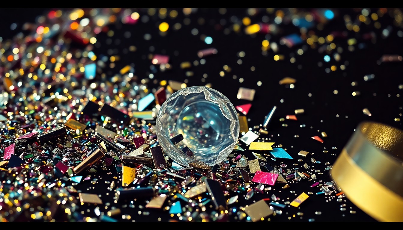 An extreme close-up photograph of shimmering sequins and shattered glass, capturing the glitz and energy of a major music festival performance.