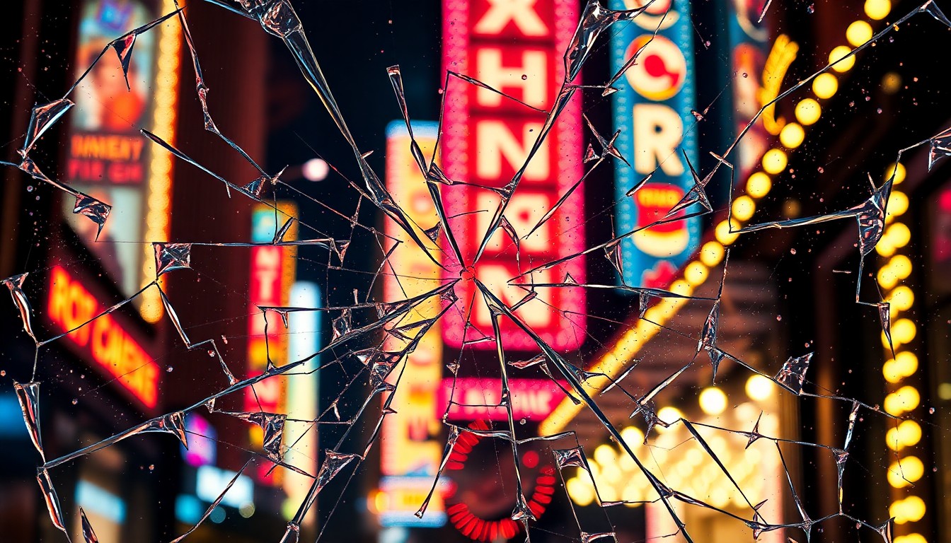 An extreme close-up photograph of shattered glass reflecting bright theater lights, creating a high-contrast, glamorous texture that conceptually represents the energy and excitement of the Broadway theater scene.