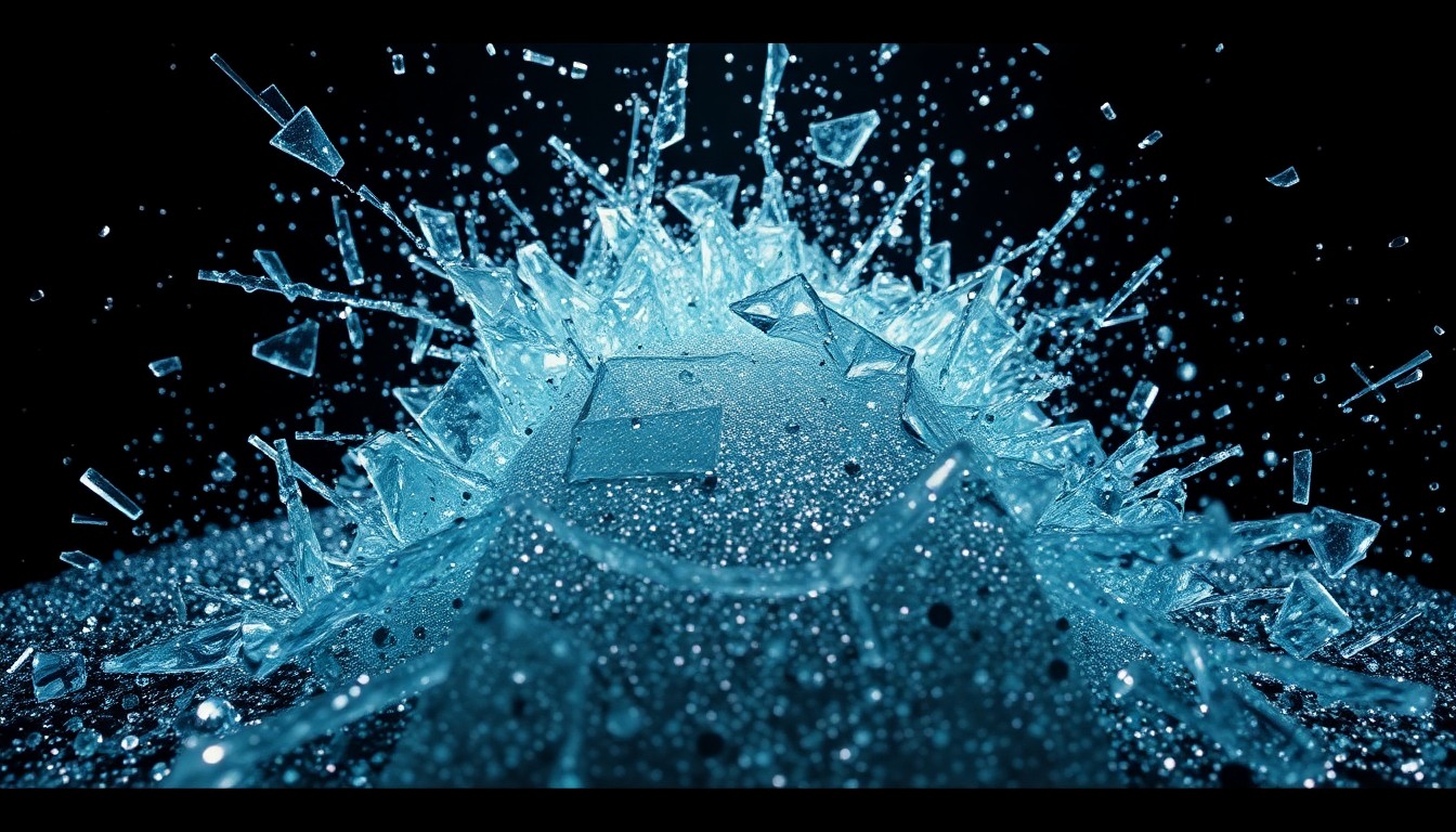 An abstract close-up photograph featuring a dramatic, high-contrast composition of shattered glass and glittering sequins, capturing the gritty, high-energy aesthetic of the 'Escape from L.A.' film.