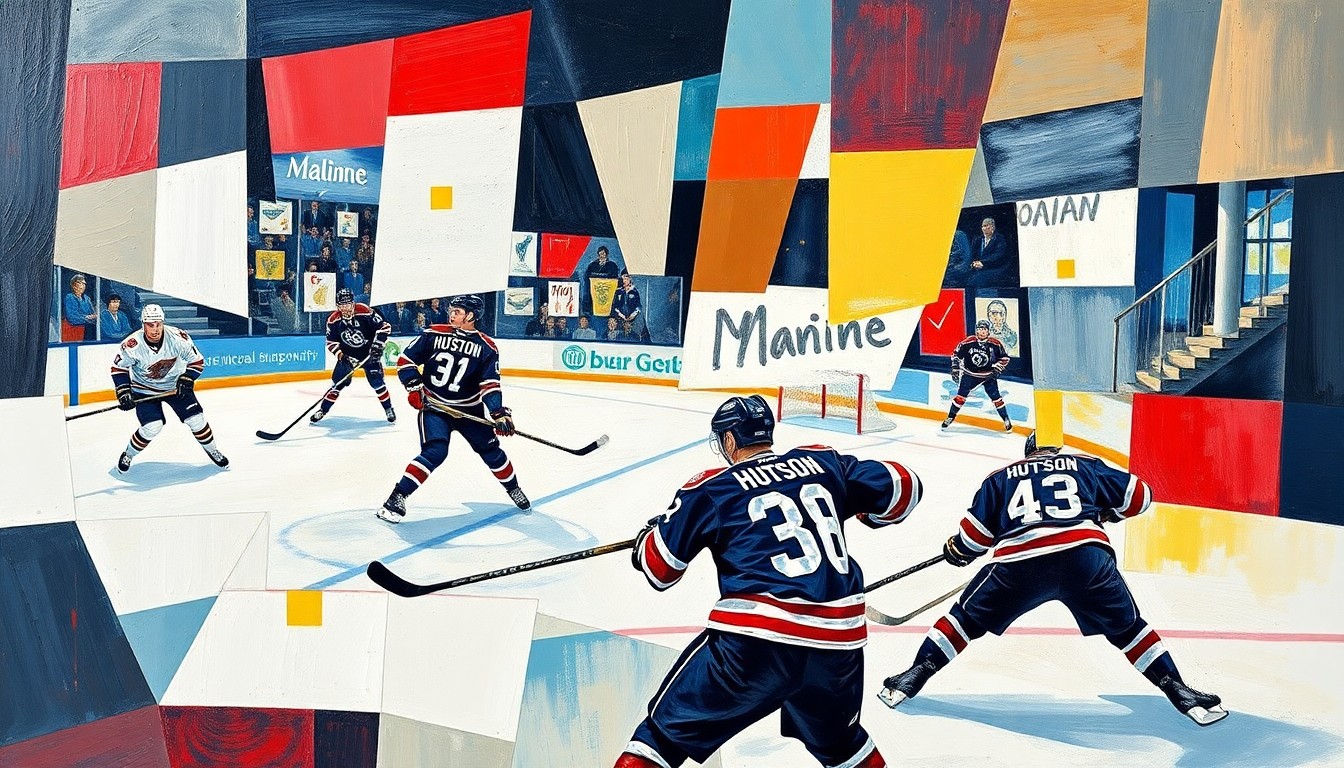 A fractured, multi-perspective painting depicting a hockey game, with the players and action broken down into sharp, overlapping geometric shapes and planes of color. The Hutson brothers' jerseys and numbers are visible as recognizable elements within the abstract composition.