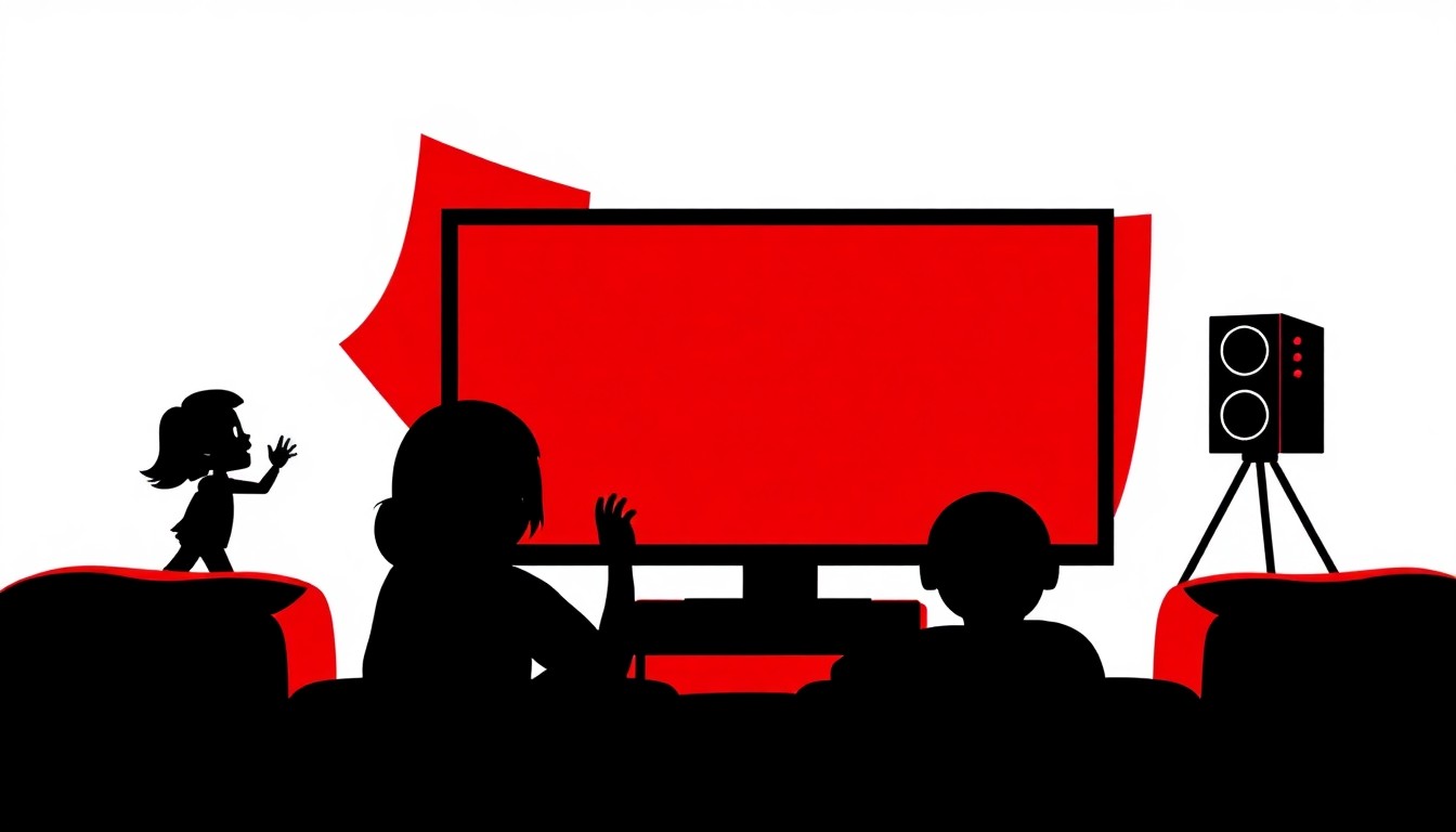 An abstract illustration featuring bold, geometric shapes in bright red and white, conceptually representing the interactive and playful nature of Netflix's new kids' gaming app.