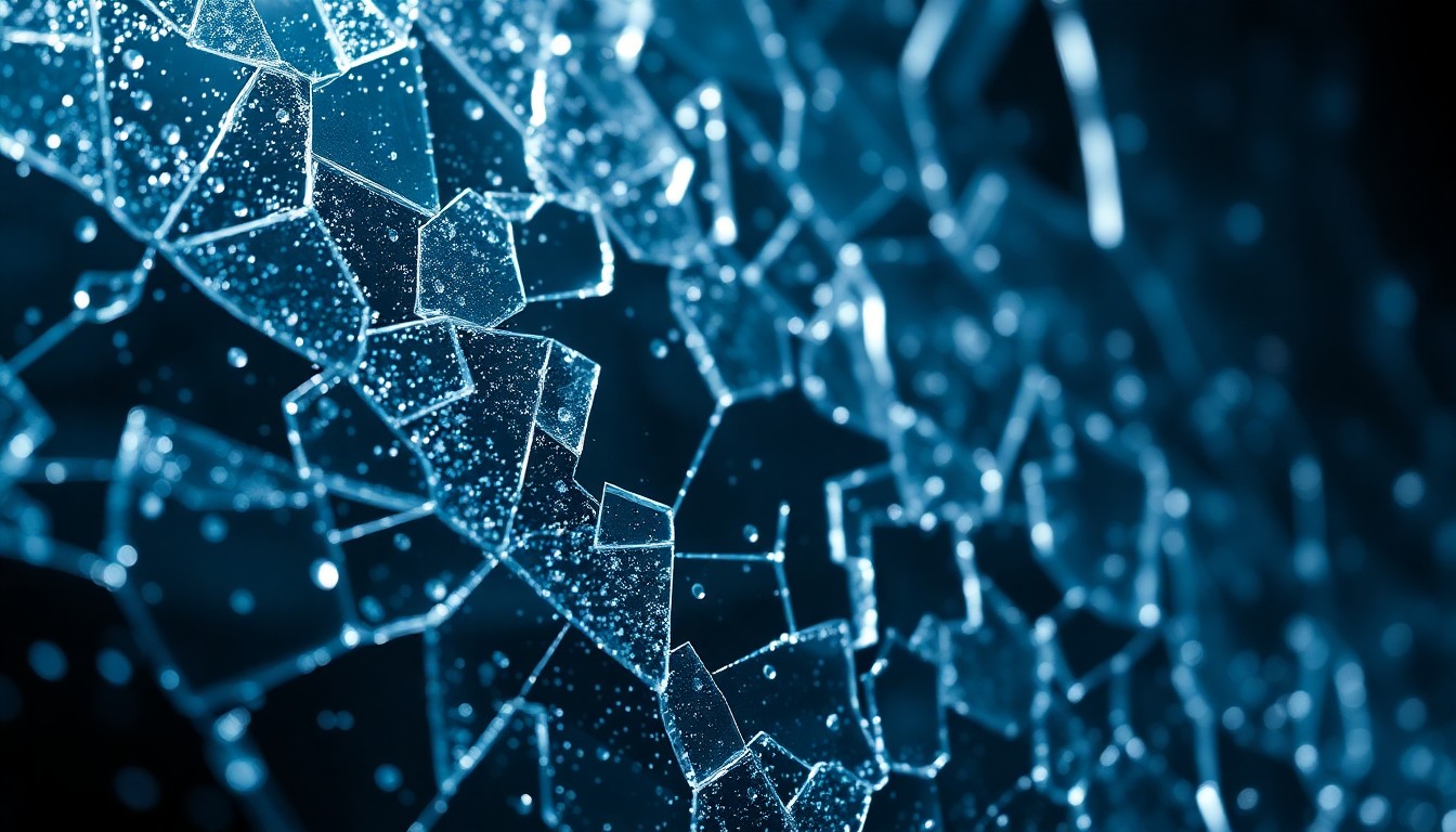 An abstract close-up photograph of shattered, glittering glass shards reflecting dramatic studio lighting, conveying a sense of the high-tech, futuristic aesthetic of the Halo franchise.