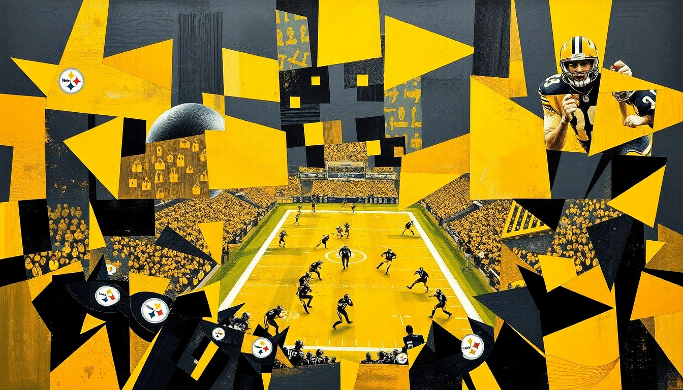 A cubist-style painting depicting a fragmented, geometric representation of a Pittsburgh Steelers football game, with the team's signature black and gold colors prominently featured. The abstract, multi-perspective composition captures the dynamic and unpredictable nature of the team's potential draft moves.