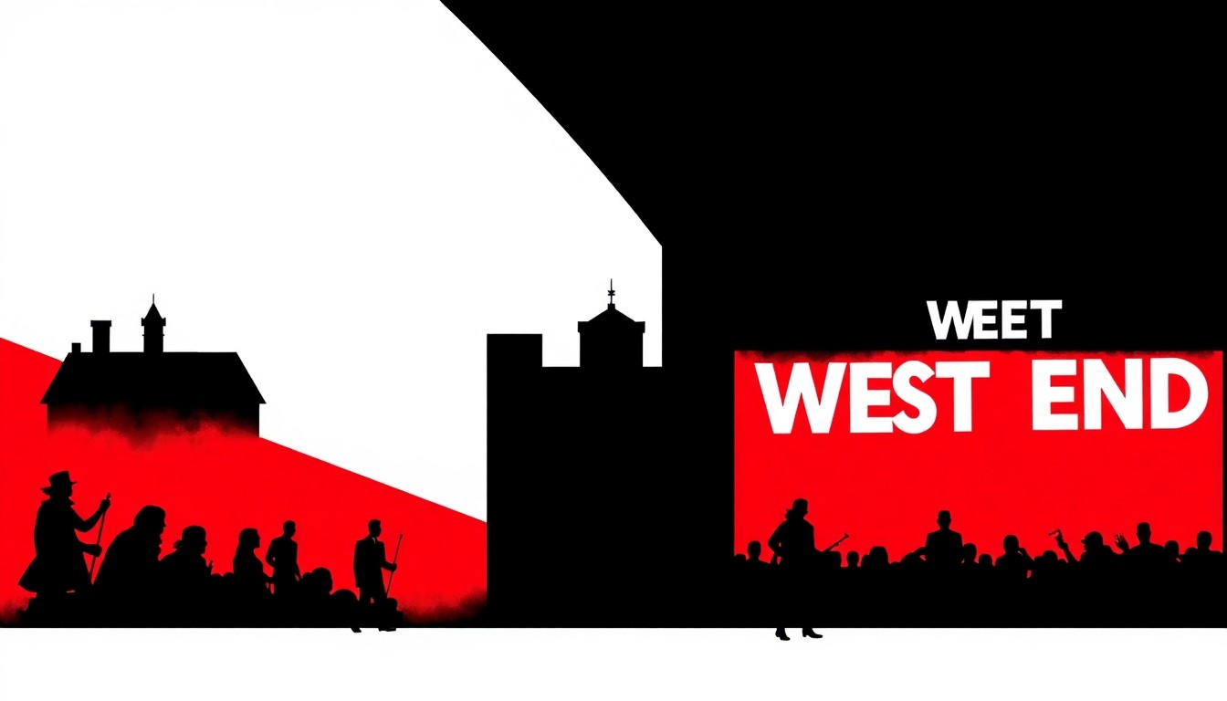 A striking abstract composition of jagged red and white geometric shapes, representing the journey from a small-town stage to the bright lights of the West End through an unconventional path.