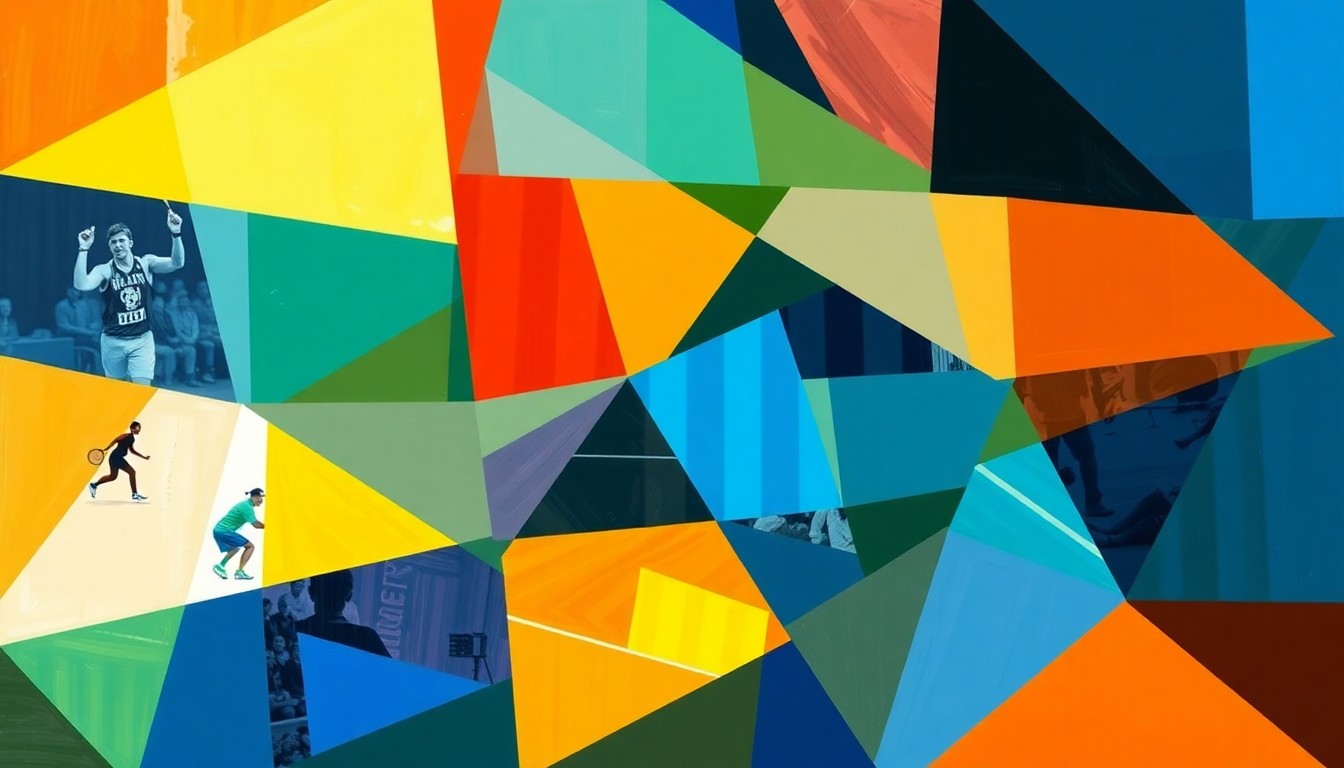 A fractured, multi-perspective painting in vibrant colors, breaking down a tennis match into sharp, overlapping geometric planes to conceptually represent Karolina Muchova's strategic and mental prowess on the court.