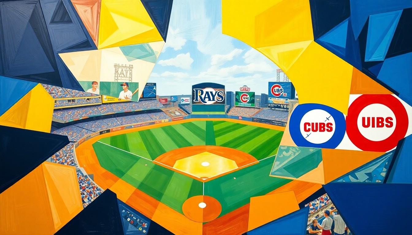 A fractured, multi-perspective painting in bold, vibrant colors depicting the action and movement of a baseball game between the Tampa Bay Rays and Chicago Cubs, conceptually representing the excitement and anticipation of the Rays' homecoming.