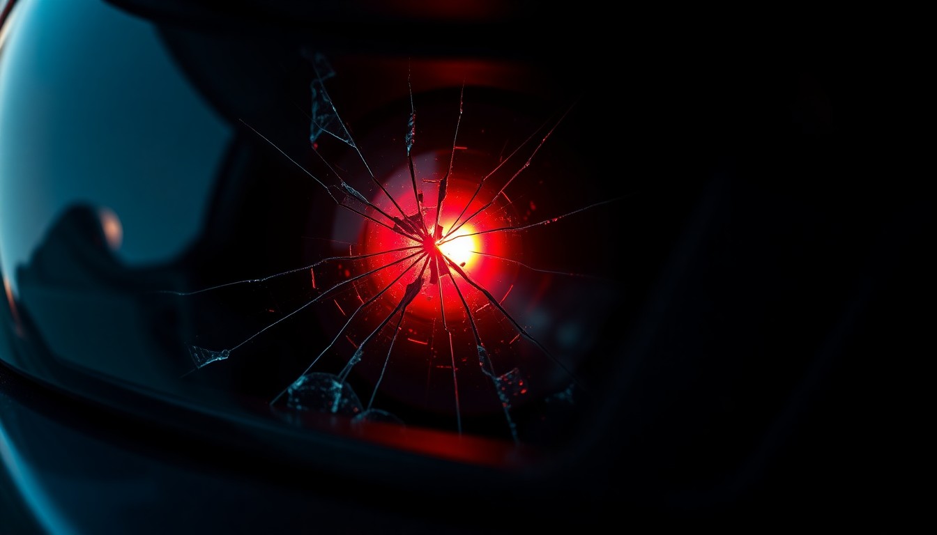 An extreme close-up of a shattered car sensor lens reflecting a faint red light, conceptually illustrating the damage caused by a distracted driving collision.