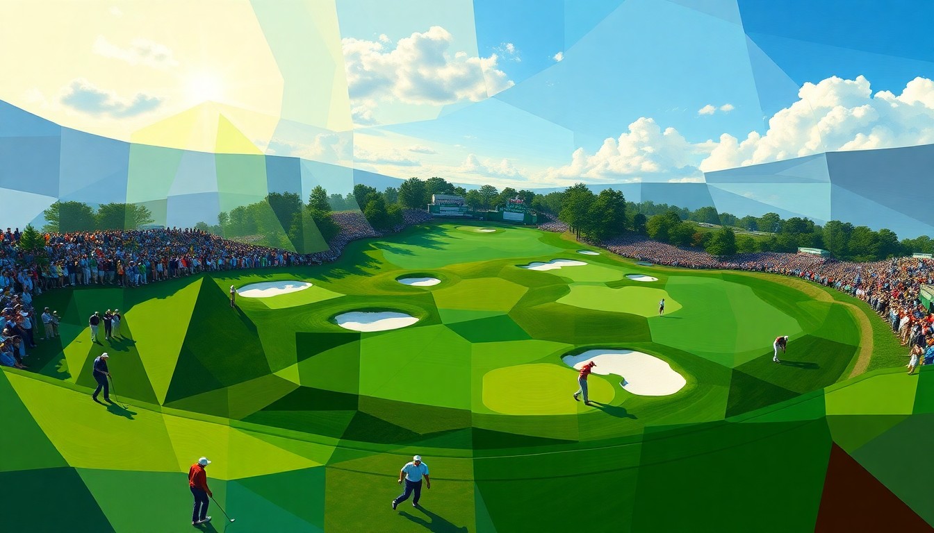 A cubist, geometric painting depicting the final round of the 2026 Masters golf tournament, with overlapping shapes and planes representing the various holes and challenges faced by the players on the course.