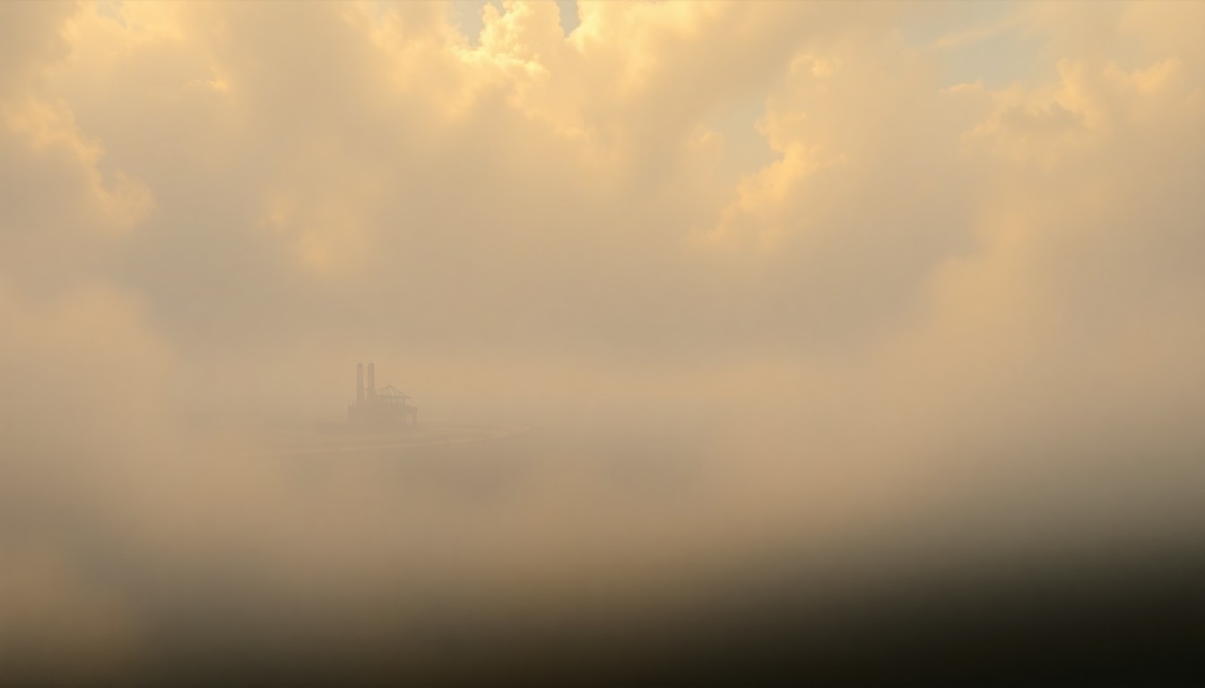 A sweeping, atmospheric landscape painting in muted tones of grey, blue, and green, depicting the Houston Ship Channel shrouded in heavy fog, with the faint outline of an industrial facility barely visible in the distance, conveying a sense of the overwhelming scale and power of the natural environment.