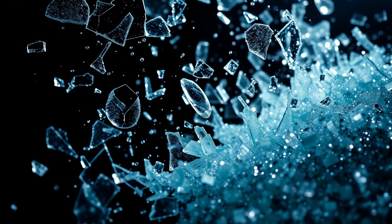 An abstract close-up image of shattered glass and glittering sequins, captured in dramatic, high-contrast studio lighting to convey the glamour and drama of reality TV relationships.