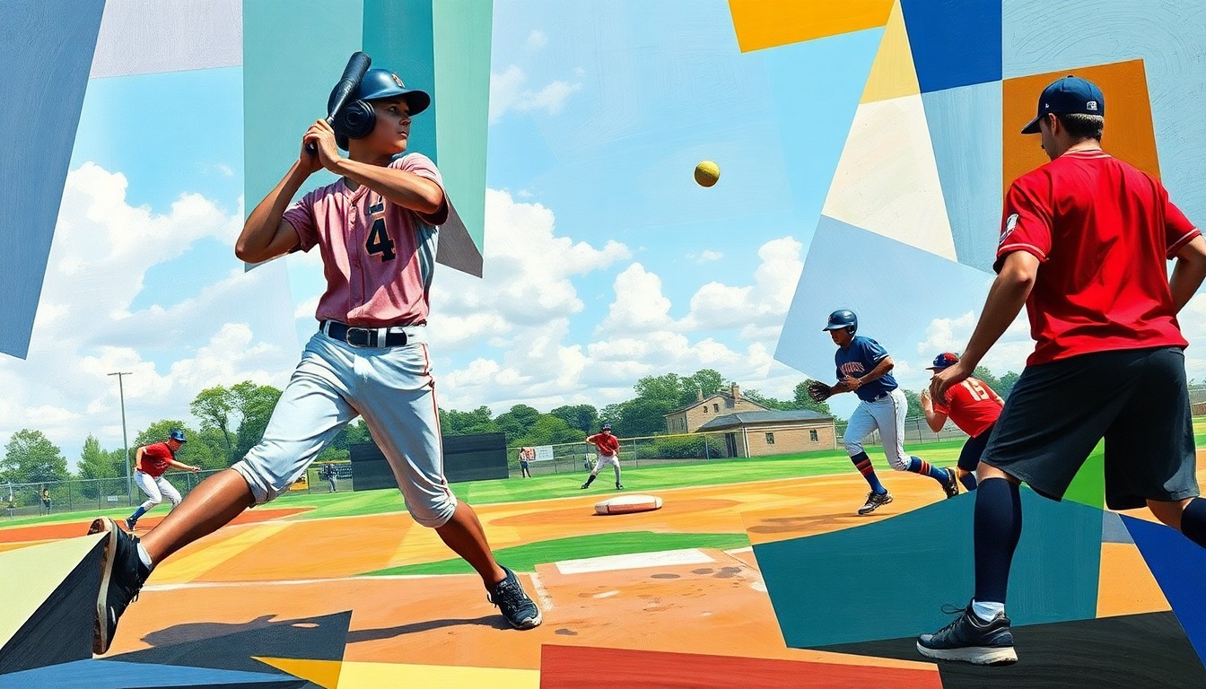 A fractured, multi-perspective painting in the style of Pablo Picasso, breaking a high school softball game down into sharp, overlapping geometric planes of color and abstract shapes, capturing the dynamic energy of the sport.