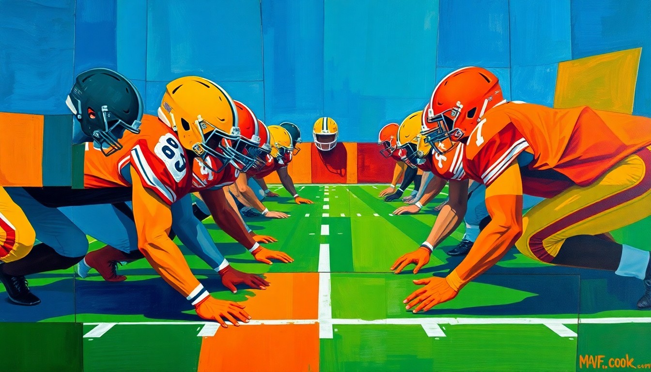 A cubist, geometric painting depicting the fragmented, overlapping forms of a football offensive line, rendered in bold, contrasting colors that capture the dynamic nature of the game.