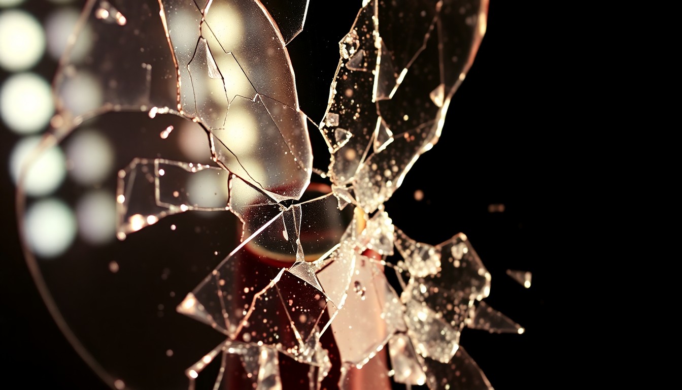 An abstract close-up image of shattered glass reflecting a faint, glowing light, conceptually representing the powerful and captivating nature of Grace Slick's iconic vocal performance on the classic rock song 'White Rabbit'.