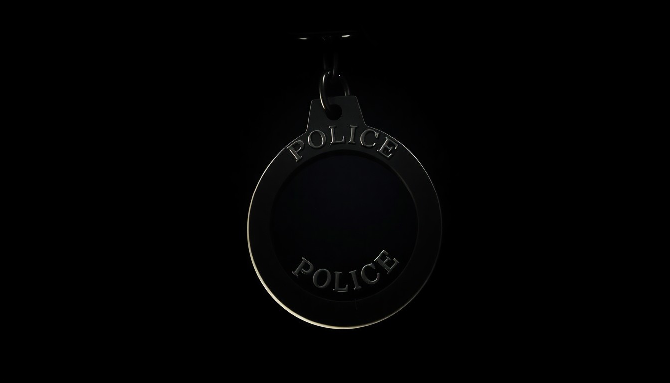 An extreme close-up photograph of a police badge or handcuffs lit by a harsh, direct camera flash against a pitch-black background, creating a stark, gritty, investigative aesthetic.