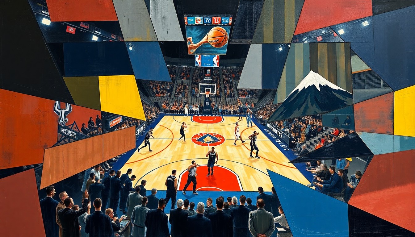 A cubist-style painting depicting an abstract basketball game, with sharp geometric shapes and planes of color representing the players and action on the court.