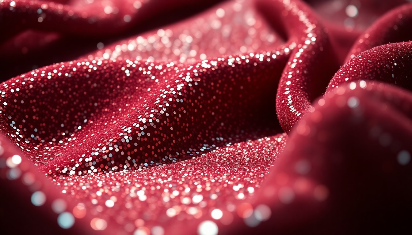An extreme close-up of luxurious, glittering fabric textures in dramatic, high-contrast lighting, conceptually representing the glamour and physical demands of live entertainment.
