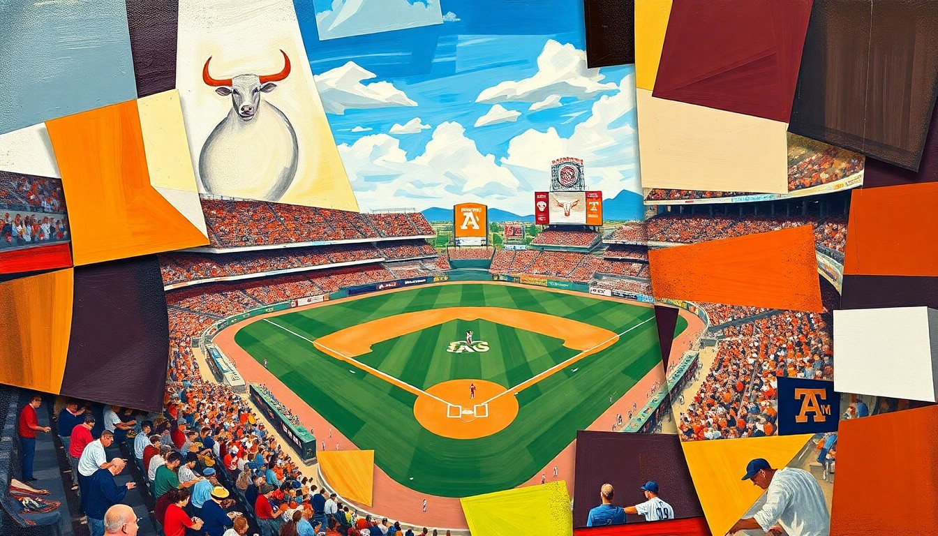 A fractured, cubist-style painting depicting a baseball game between the Texas Longhorns and Texas A&M Aggies, with the players and field broken down into sharp, overlapping geometric shapes and planes, conveying the dynamic and unpredictable nature of the weather-delayed matchup.