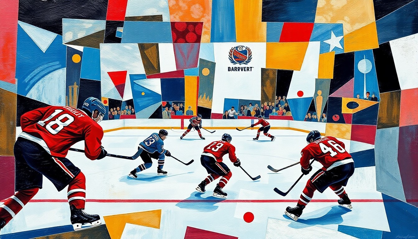 A cubist, geometric painting depicting a hockey game, with the players and ice broken down into abstract shapes and planes of color, capturing the intensity and movement of the sport.