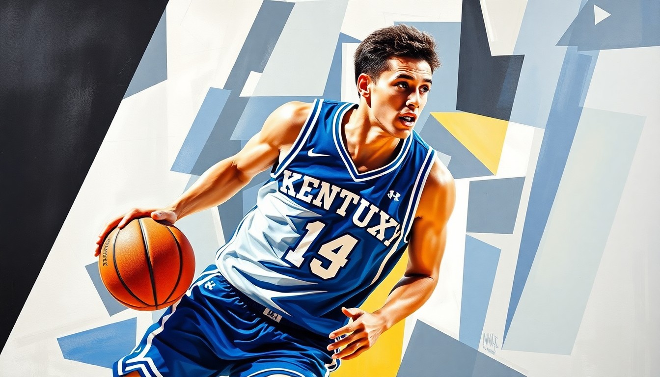A fractured, geometric painting depicting a college basketball player in motion, with sharp, overlapping planes of blue and white representing the University of Kentucky's colors, conceptually illustrating the evolving demands of the sport.