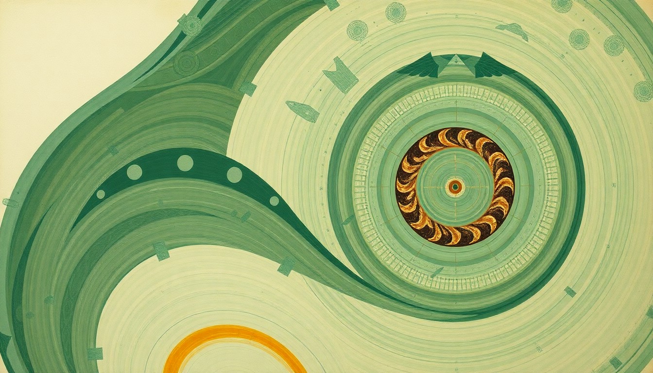 An abstract, highly structured painting in muted earth tones, featuring sweeping geometric arcs, concentric circles, and precise botanical spirals, conceptually representing the complex interplay of climate change, snake migration, and human settlement along Australia's coastline.