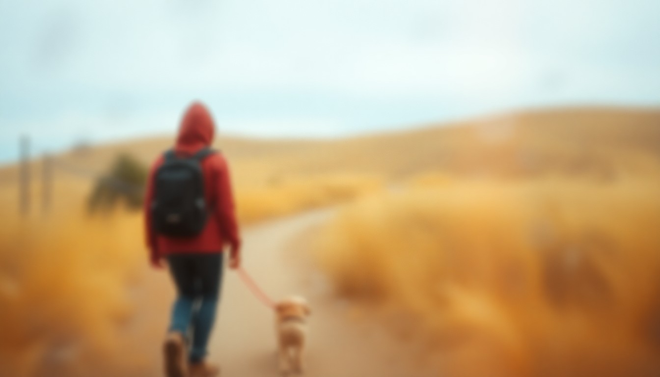 An abstract, out-of-focus photograph depicting a person walking a dog on a trail in the Boise Foothills, with the scene rendered in soft, warm-toned pools of light and color, conceptually representing the need for heightened awareness and caution during coyote breeding season.