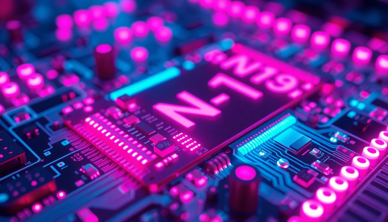 A highly detailed, glowing 3D illustration of a wireless chip or circuit board, with intricate patterns of neon cyan and magenta lights illuminating the various components, conceptually representing the advanced technology powering Apple's N1 Wi-Fi chip.
