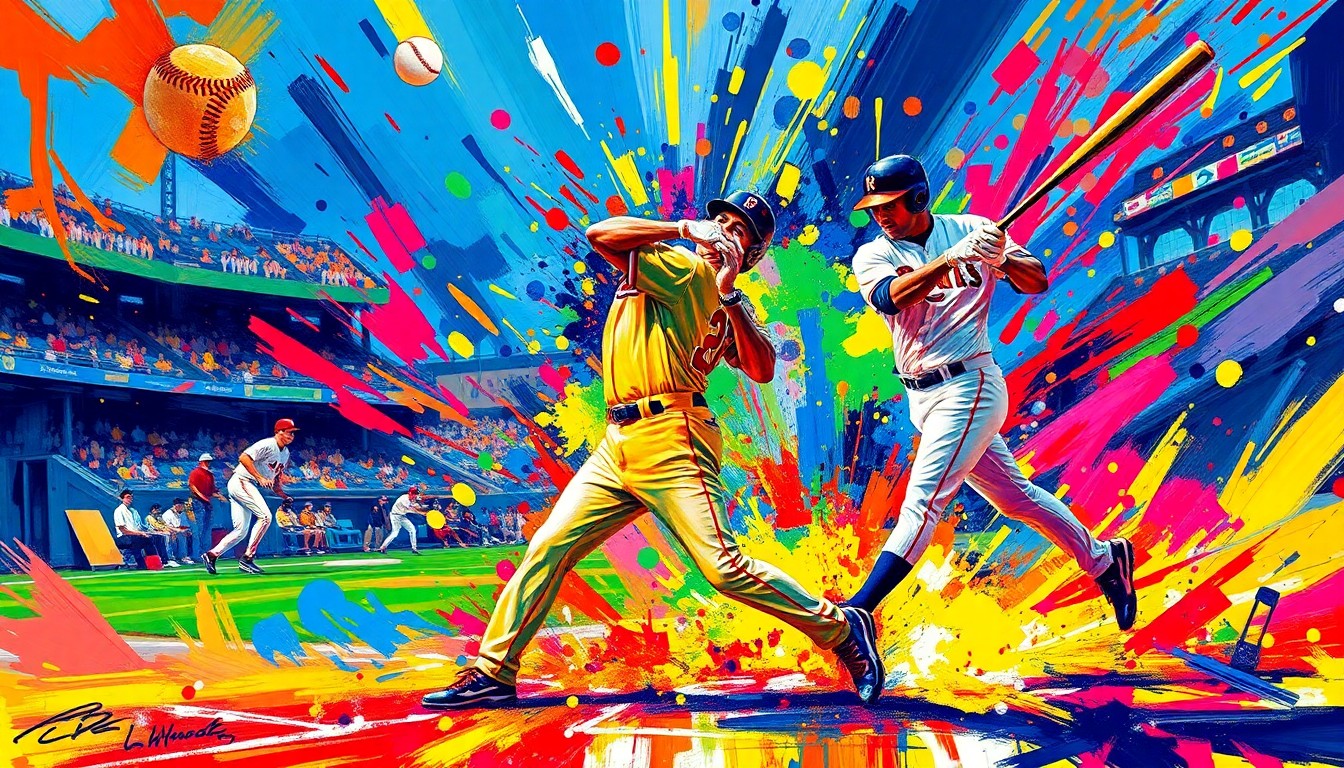 An extreme close-up of a baseball in mid-flight, surrounded by a burst of vibrant neon paint splatters and swirling brushstrokes, conveying the raw excitement and energy of a game-winning hit.
