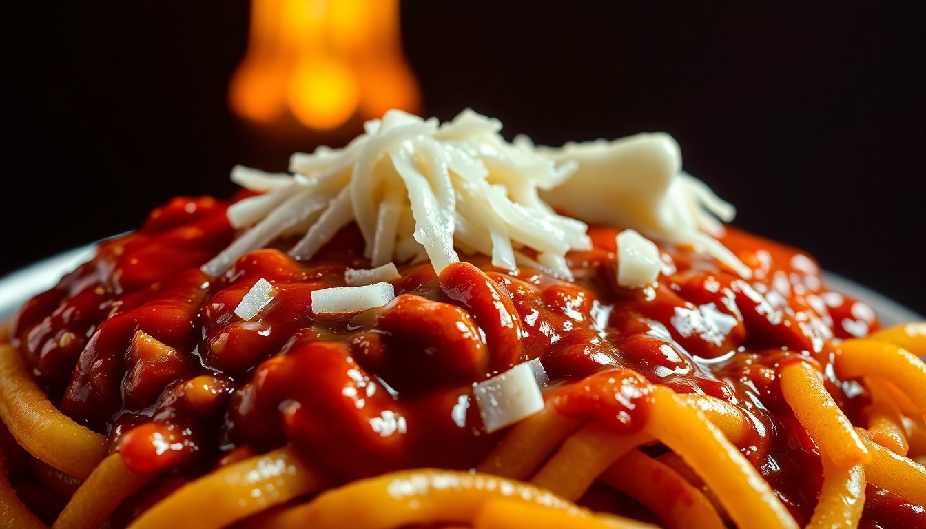 An extreme close-up of a hyper-realistic oil painting depicting a Skyline Chili 3-way dish, with thick, textured brushstrokes and vibrant colors that create a sense of high-end glamour and culinary artistry.