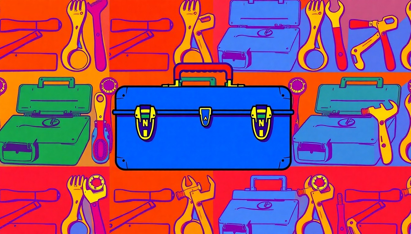 A brightly colored, high-contrast silkscreen print of a toolbox or other home repair item repeated in a tight grid pattern, capturing the vital work of a local nonprofit that supports seniors aging in place.