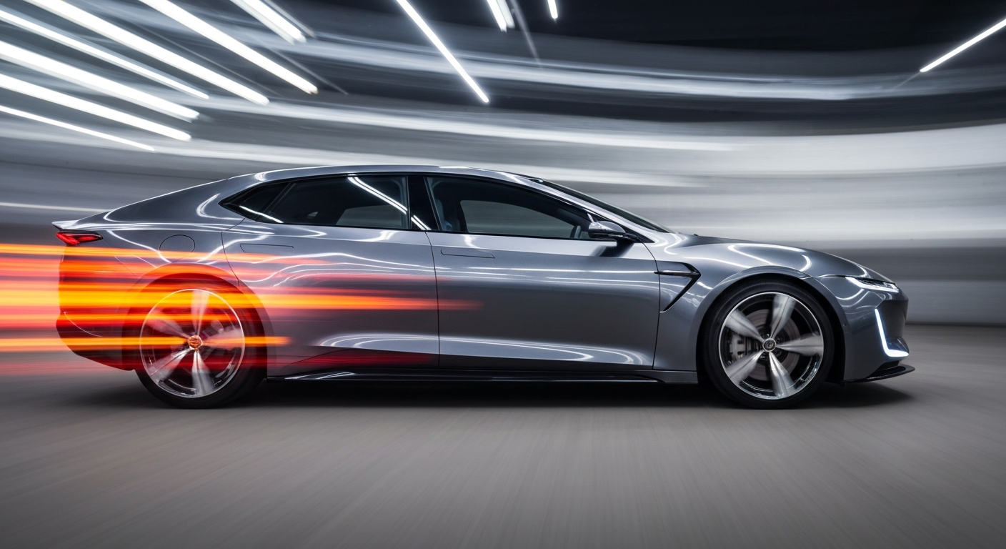 An abstract, colorful image created with a slow shutter speed and panning motion, depicting a futuristic electric vehicle as a blur of vibrant streaks, conveying a sense of speed and technological progress.