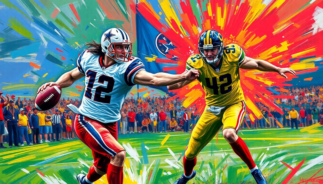 A dynamic, colorful painting depicting the intense physicality and energy of a flag football game, with the players' movements and the ball blending into a vibrant, expressionistic composition.