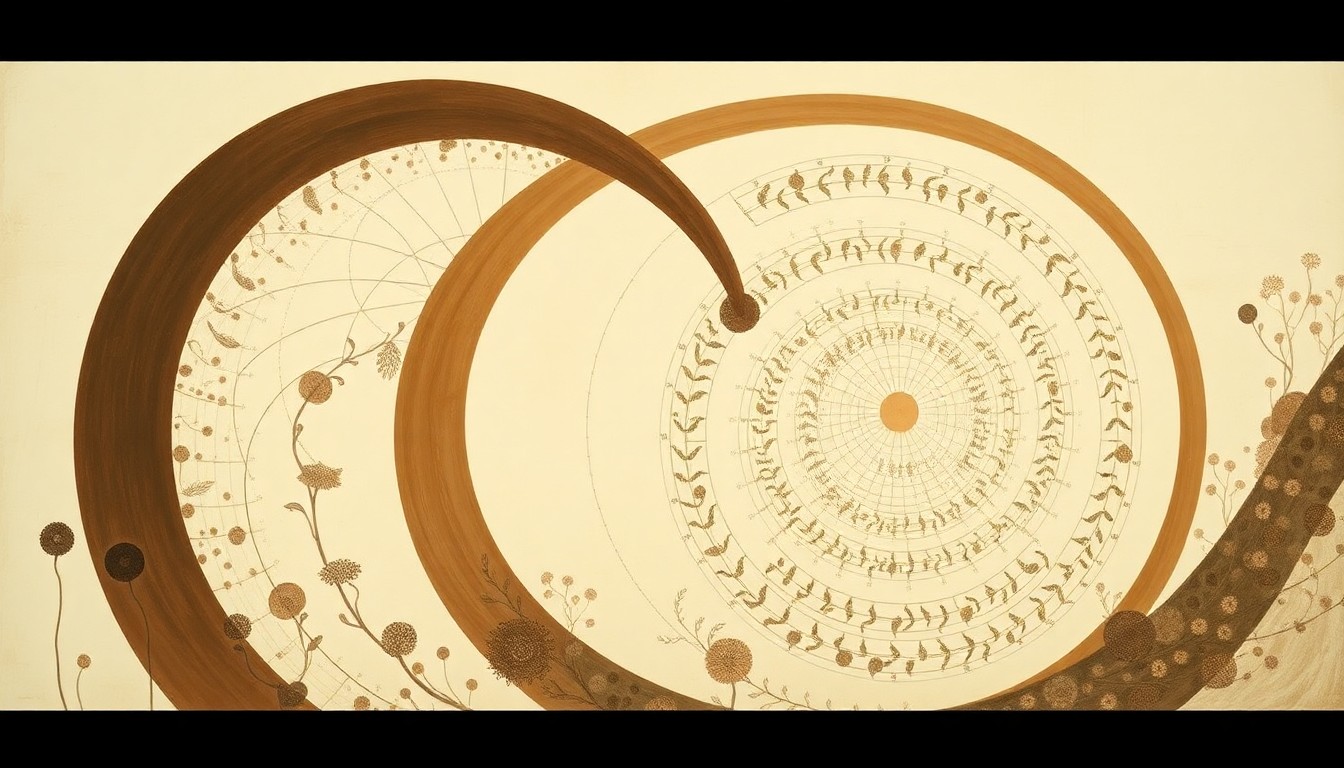 A bold, highly structured abstract painting in soft, earthy tones, featuring sweeping geometric arcs, concentric circles, and precise botanical spirals, conceptually representing the complex ecological forces disrupted by the introduction of the invasive nutria rodent in California.