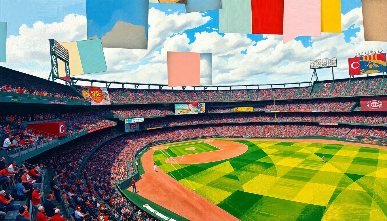A cubist, geometric painting depicting a baseball game in motion, with players and the field broken down into sharp, overlapping shapes and planes of color.