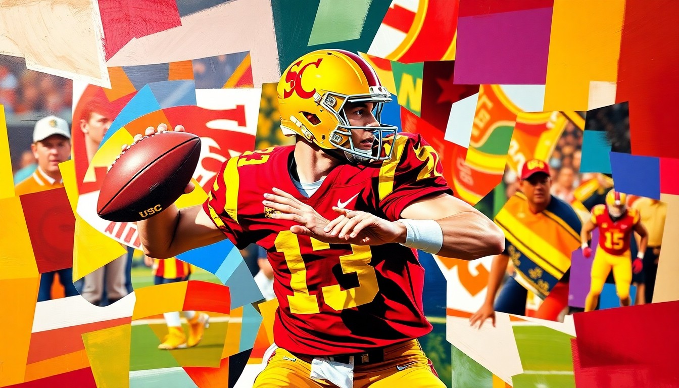 A cubist, geometric painting depicting a college football quarterback in motion, with sharp, overlapping planes of cardinal and gold colors representing the USC uniform.