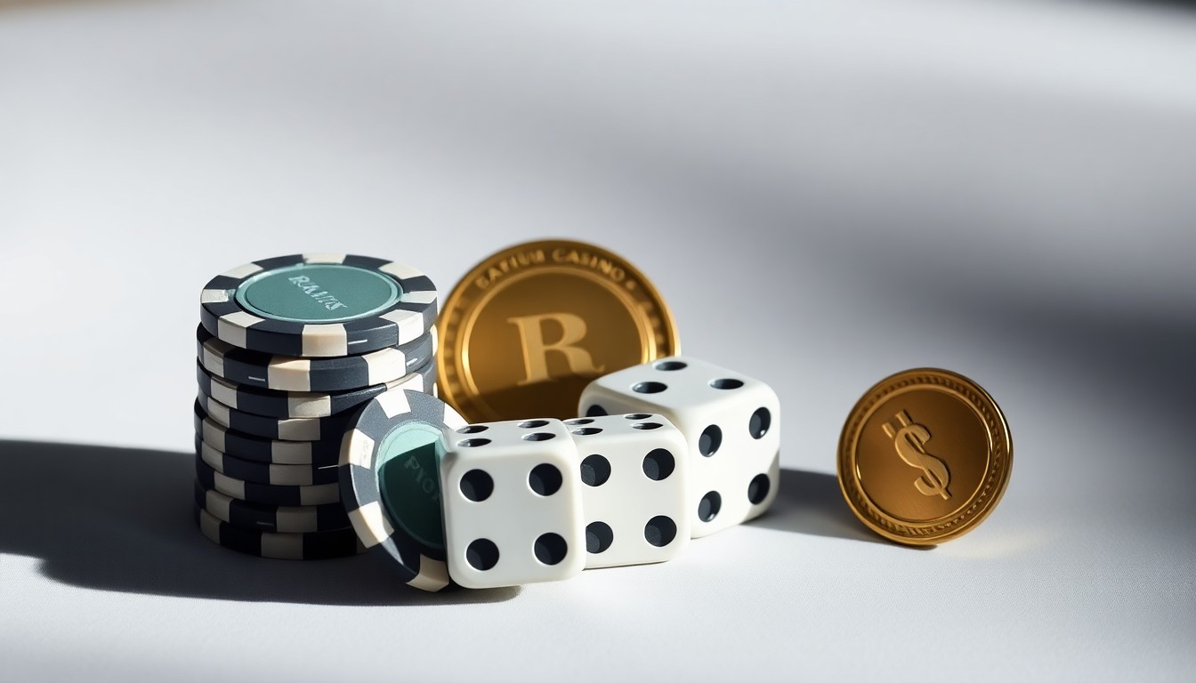 A high-end, photorealistic studio still-life photograph featuring a stack of casino chips, a pair of dice, and a gold-plated casino token arranged elegantly on a clean, white background, conceptually representing the premium gaming experience at BetUS Casino.