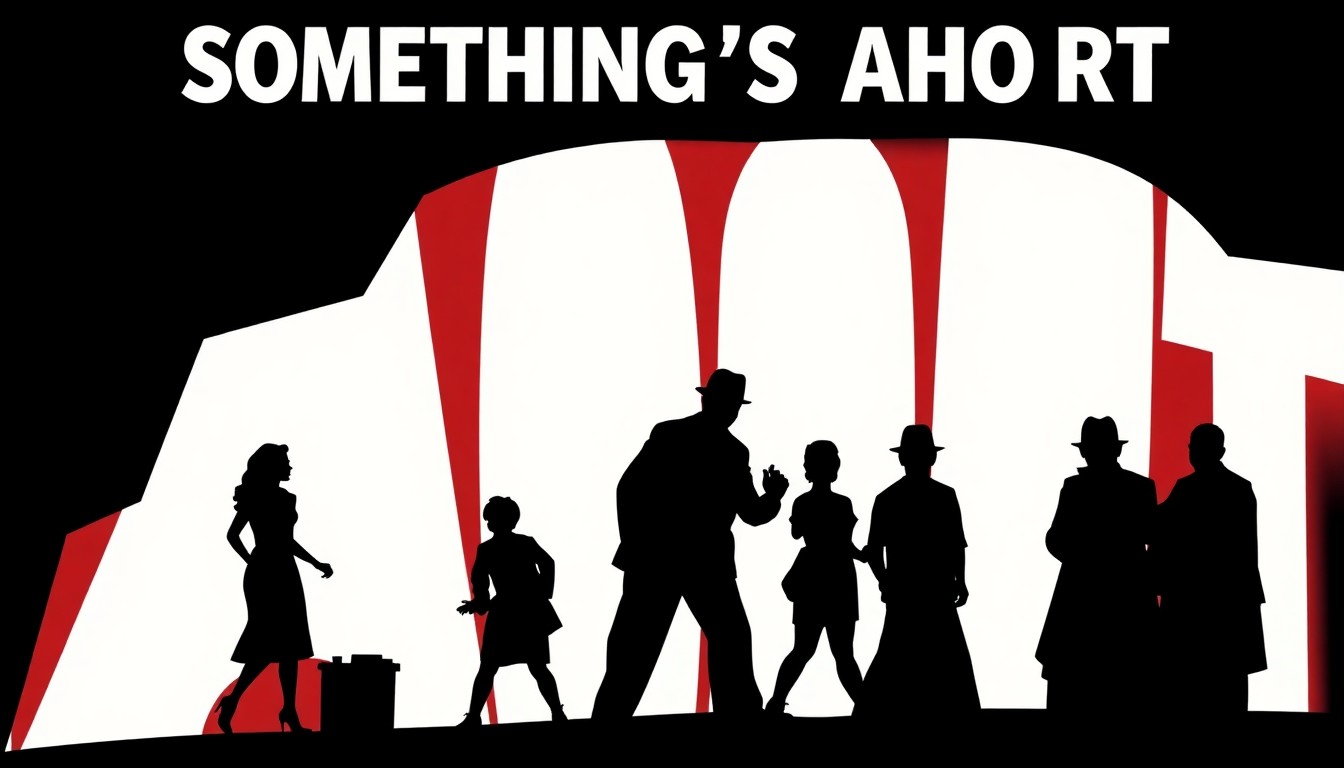 An abstract, minimalist illustration featuring bold, jagged geometric shapes in high-contrast red and white, conceptually representing the comedic murder mystery musical 'Something's Afoot' without using any text or literal imagery.