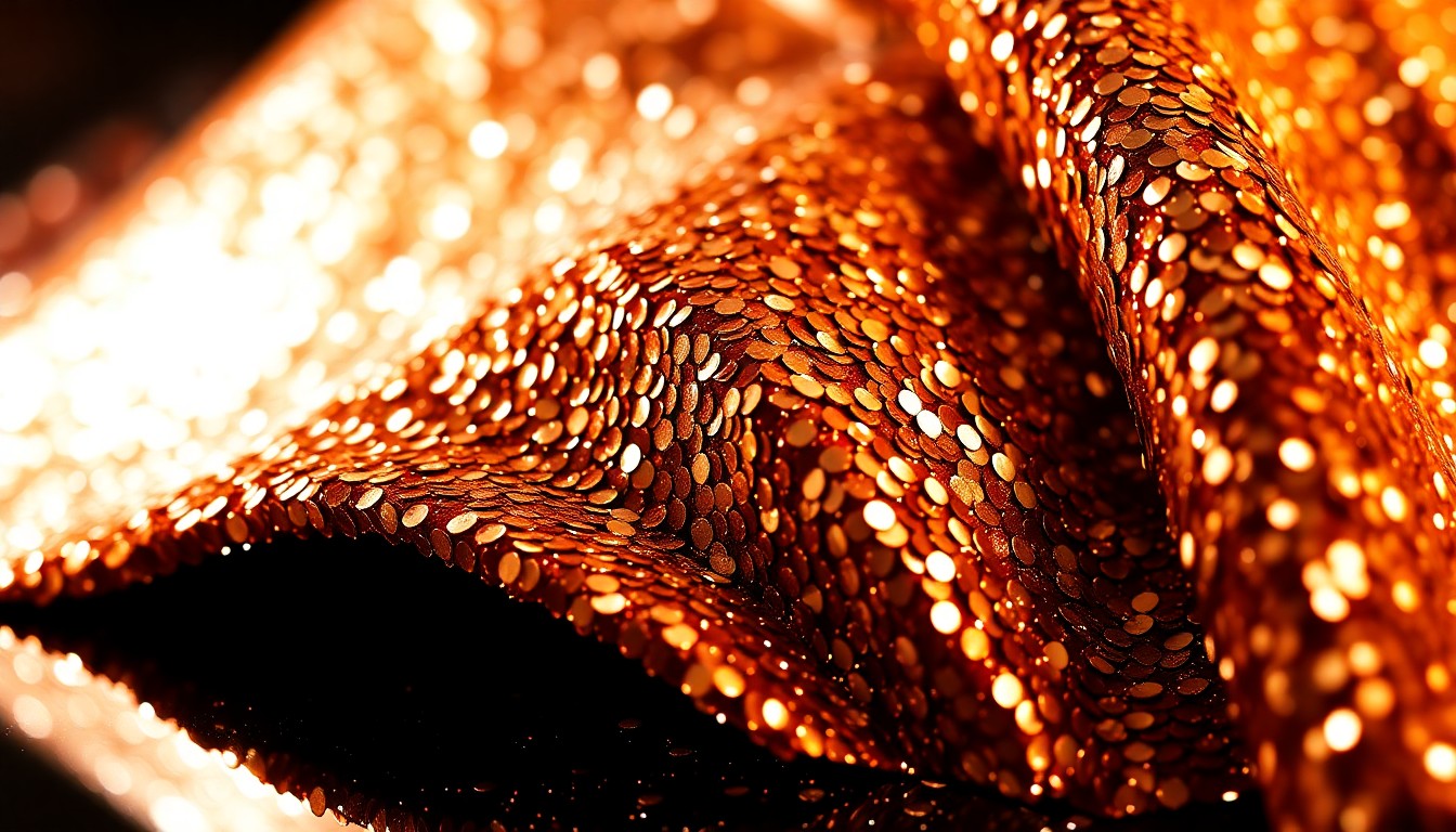 An extreme close-up of shimmering, reflective sequins in a high-contrast, high-fashion studio lighting setup, conceptually representing the enduring glamour and celebrity appeal of the Spy Kids franchise.