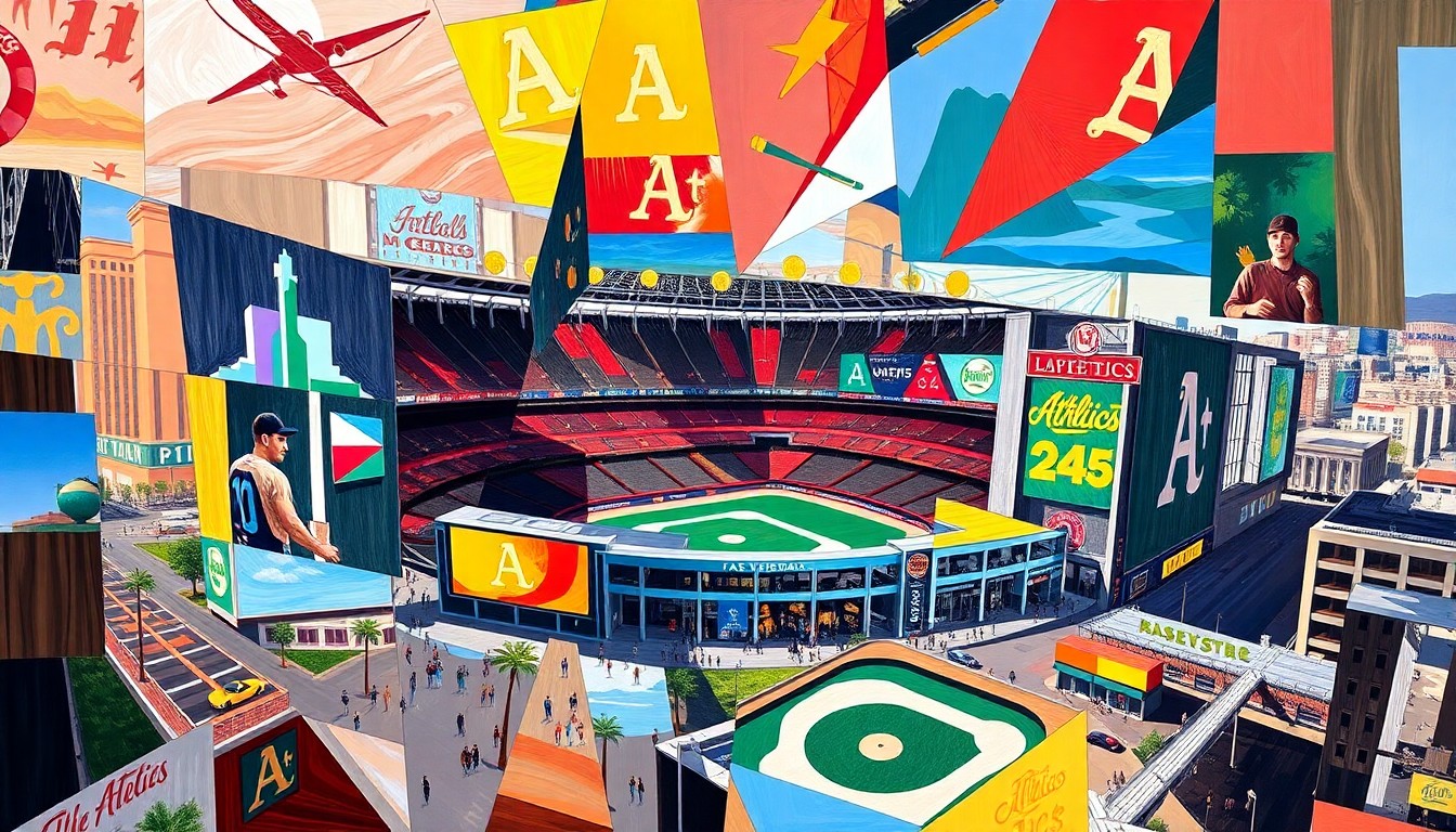 A cubist, geometric painting depicting the Las Vegas Athletics' new stadium and experience center, with sharp, overlapping planes of color representing the dynamic energy and excitement surrounding the team's move to Las Vegas.