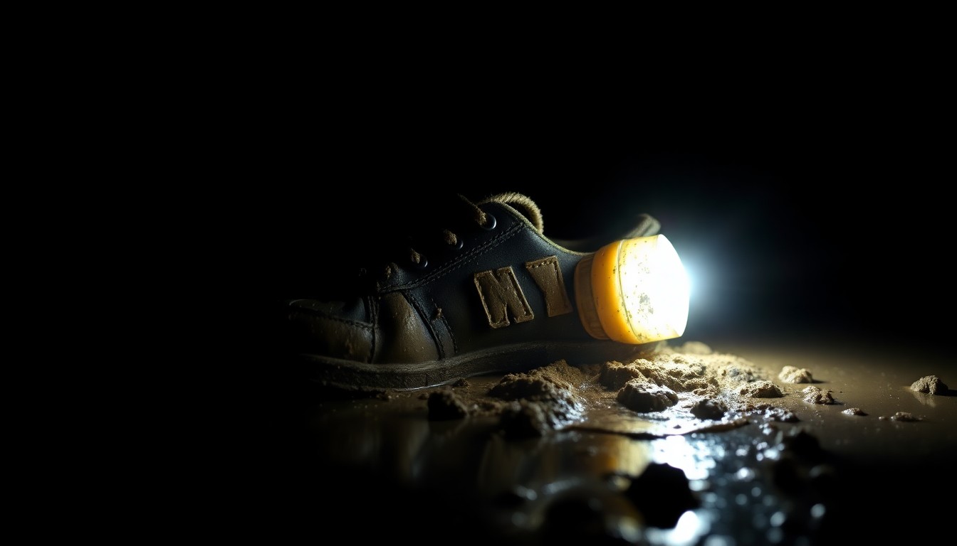 An extreme close-up photograph of a single muddy, waterlogged object from the Camp Mystic flood, such as a child's shoe or a broken flashlight, lit by a harsh, direct camera flash against a pitch-black background, conceptually illustrating the devastating aftermath of the tragedy.