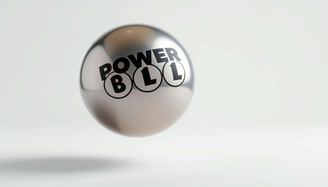 A photorealistic studio still-life image featuring a shiny, metallic lottery ball with the Powerball logo floating on a clean, monochromatic background, symbolizing the incredibly low chances of winning the massive jackpot.